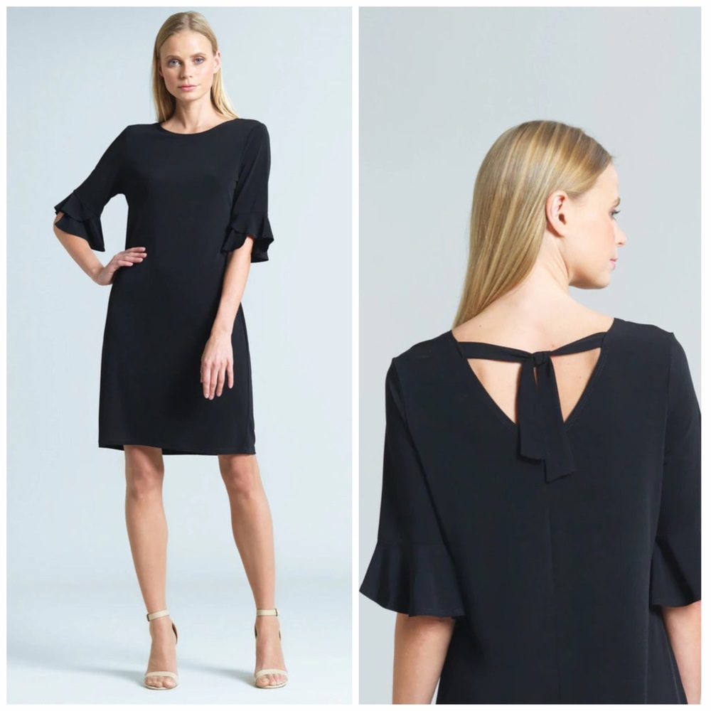 NWT Clara Sunwoo Black Tulip Cuff Shift Dress L Made USA Travel Knit Breathable